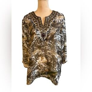 Chico's Brown and Black Sheer Embellished Blouse XL